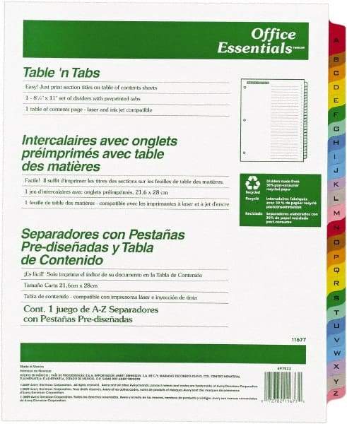Office Essentials - 11 x 8 1/2" A to Z Label, 26 Tabs, 3-Hole Punched, Preprinted Divider - Multicolor Tabs, White Folder - USA Tool & Supply