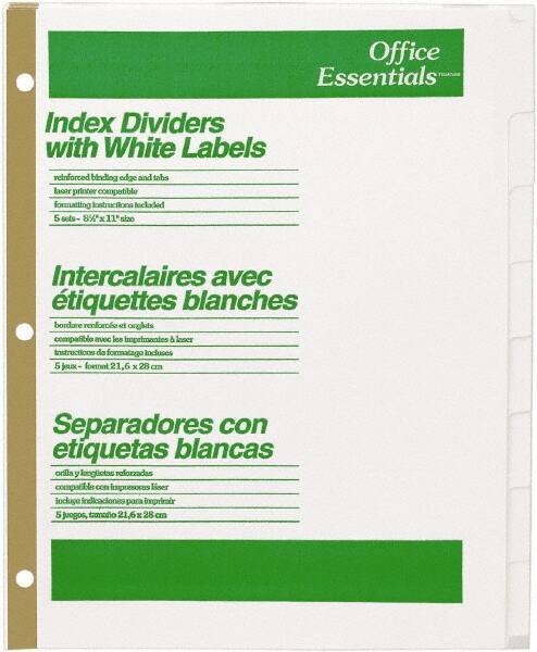 Office Essentials - 11 x 8 1/2" 1 to 8" Label, 8 Tabs, 3-Hole Punched, Customizable Divider - White - USA Tool & Supply