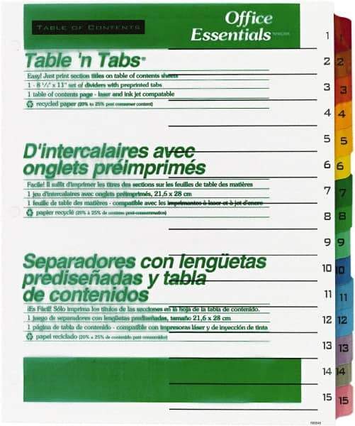 Office Essentials - 11 x 8 1/2" 1 to 15" Label, 15 Tabs, 3-Hole Punched, Preprinted Divider - Multicolor Tabs, White Folder - USA Tool & Supply