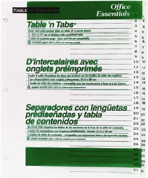 Office Essentials - 11 x 8 1/2" 1 to 31" Label, 31 Tabs, 3-Hole Punched, Preprinted Divider - White - USA Tool & Supply