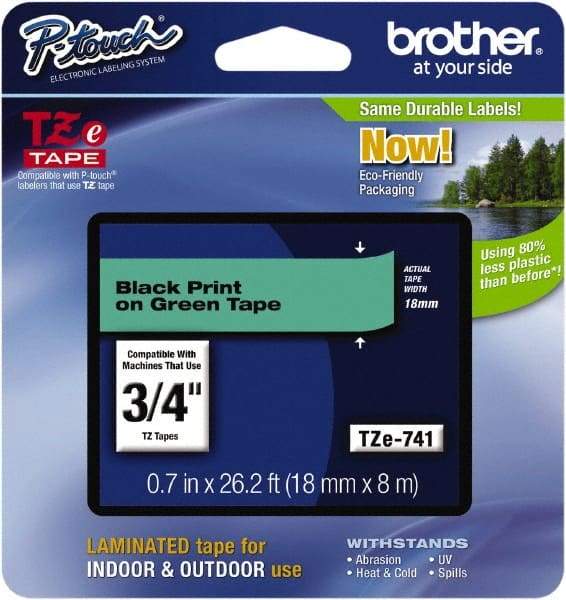 Brother - 0.7" Wide x 314.4" Long, Green Plastic/Paper Tape Cassette - For Label Maker - USA Tool & Supply