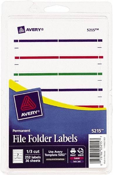 AVERY - 11/16" Wide x 3-7/16" Long, Assorted Paper File Folder Label - For Laser/Inkjet Printers - USA Tool & Supply