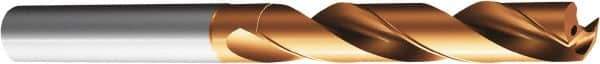 Sandvik Coromant - Letter E (1/4) 144° Spiral Flute Solid Carbide Screw Machine Drill Bit - Multilayer TiAlN Finish, Right Hand Cut, 1.4173" Flute Length, 3.1102" OAL, Split Point, Straight Shank, Through Coolant - USA Tool & Supply