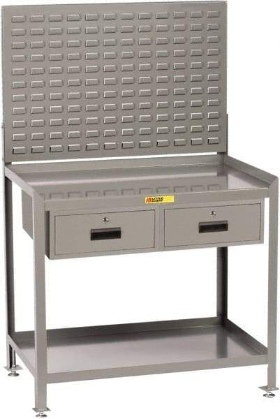 Little Giant - 2 Drawer, 2 Shelf Workbench with Louvered Panel - 2,000 Lb Capacity, Steel with Flush Front Edge Top, Gray, 24" Wide x 45" High x 48" Long - USA Tool & Supply