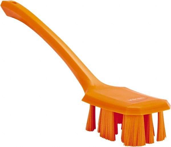 Vikan - 2-3/4" Bristle Length, Polyester Scrub Brush - 12" Long x 2-7/8" Wide Head, 15-1/2" OAL, Long Handle, Orange, Polypropylene Block - USA Tool & Supply