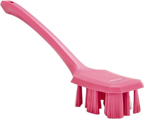 Vikan - 2-3/4" Bristle Length, Polyester Scrub Brush - 12" Long x 2-7/8" Wide Head, 15-1/2" OAL, Long Handle, Pink, Polypropylene Block - USA Tool & Supply