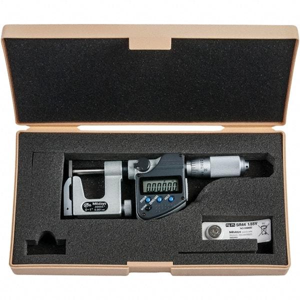 Mitutoyo - 0 to 1" Range, 0.00005" Resolution, Interchangeable Anvil Type Throat IP65 Electronic Outside Micrometer - 0.0002" Accuracy, Friction Thimble, Carbide-Tipped Face, SR44 Battery - USA Tool & Supply