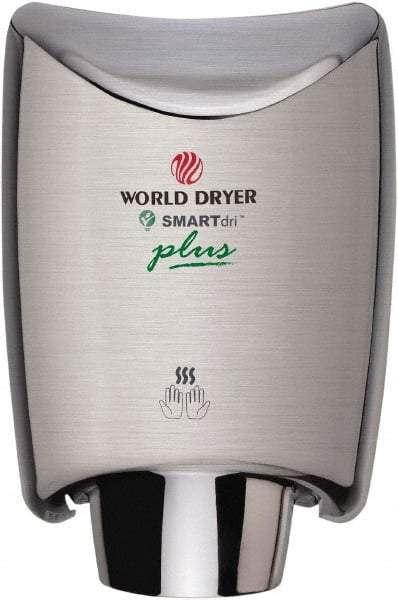 World Dryer - 1200 Watt Silver Finish Electric Hand Dryer - 100/120 Volts, 10 Amps, 9.3" Wide x 12-1/2" High x 7.6" Deep - USA Tool & Supply