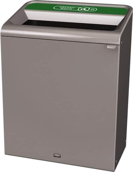 Rubbermaid - 45 Gal Gray Rectangle Decorative Indoor Single Stream Waste Receptacle - Metal, Organic Waste Graphic, 37.965" High x 29.132" Long x 19-1/2" Wide, Lid Included - USA Tool & Supply