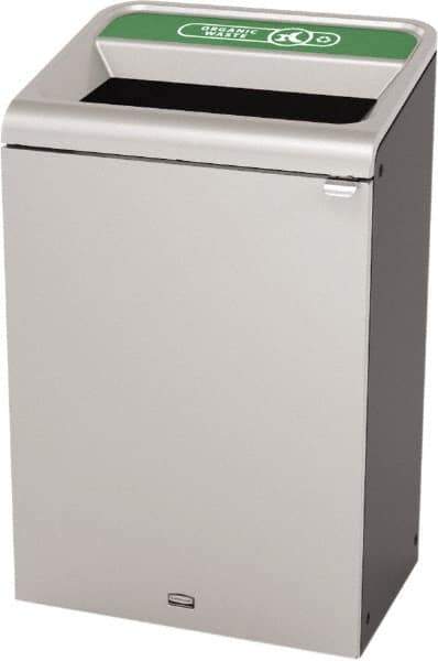 Rubbermaid - 33 Gal Gray Rectangle Decorative Indoor Single Stream Waste Receptacle - Metal, Organic Waste Graphic, 37.965" High x 24.051" Long x 19-1/2" Wide, Lid Included - USA Tool & Supply