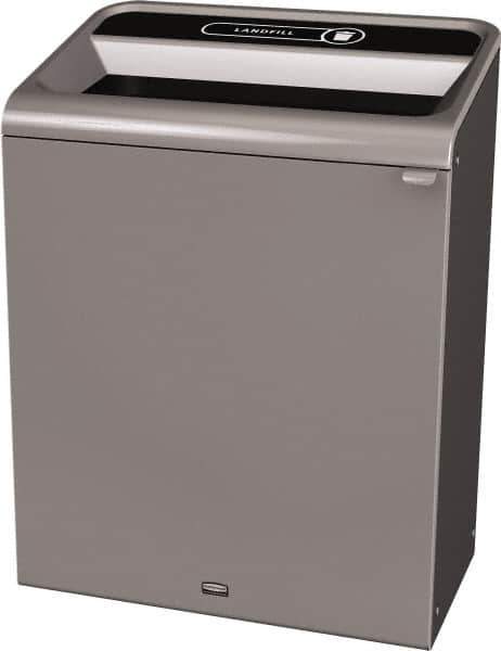 Rubbermaid - 45 Gal Gray Rectangle Decorative Indoor Single Stream Waste Receptacle - Metal, Landfill Graphic, 37.965" High x 29.132" Long x 19-1/2" Wide, Lid Included - USA Tool & Supply