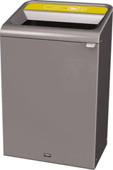 Rubbermaid - 33 Gal Gray Rectangle Decorative Indoor Single Stream Waste Receptacle - Metal, Cans Graphic, 37.965" High x 24.051" Long x 19-1/2" Wide, Lid Included - USA Tool & Supply