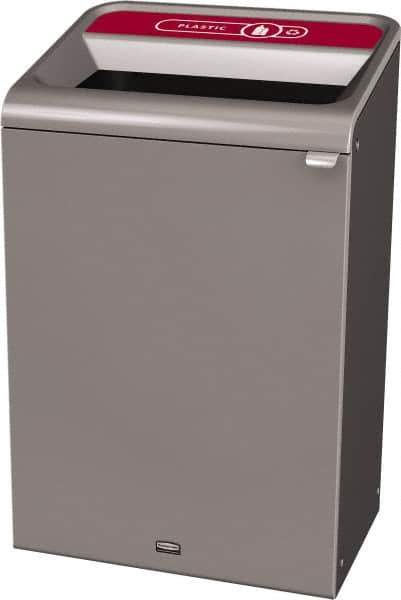 Rubbermaid - 33 Gal Gray Rectangle Decorative Indoor Single Stream Waste Receptacle - Metal, Plastic Graphic, 37.965" High x 24.051" Long x 19-1/2" Wide, Lid Included - USA Tool & Supply