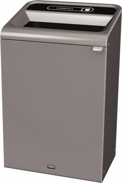 Rubbermaid - 33 Gal Gray Rectangle Decorative Indoor Single Stream Waste Receptacle - Metal, Landfill Graphic, 37.965" High x 24.051" Long x 19-1/2" Wide, Lid Included - USA Tool & Supply