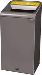 Rubbermaid - 23 Gal Gray Rectangle Decorative Indoor Single Stream Waste Receptacle - Metal, Cans Graphic, 37.965" High x 19.588" Long x 19-1/2" Wide, Lid Included - USA Tool & Supply