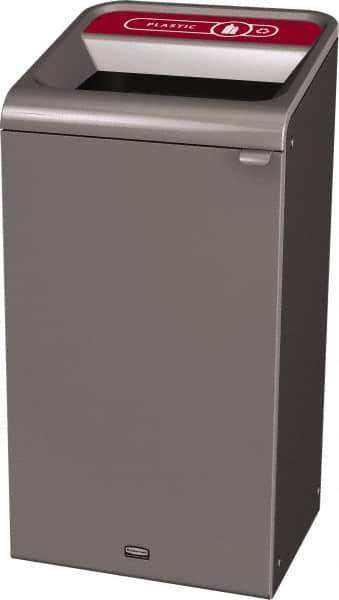 Rubbermaid - 23 Gal Gray Rectangle Decorative Indoor Single Stream Waste Receptacle - Metal, Plastic Graphic, 37.965" High x 19.588" Long x 19-1/2" Wide, Lid Included - USA Tool & Supply