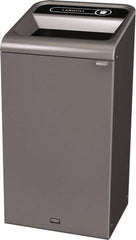 Rubbermaid - 23 Gal Gray Rectangle Decorative Indoor Single Stream Waste Receptacle - Metal, Landfill Graphic, 37.965" High x 19.588" Long x 19-1/2" Wide, Lid Included - USA Tool & Supply