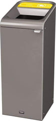 Rubbermaid - 15 Gal Gray Rectangle Decorative Indoor Single Stream Waste Receptacle - Metal, Cans Graphic, 37.965" High x 14.784" Long x 19-1/2" Wide, Lid Included - USA Tool & Supply