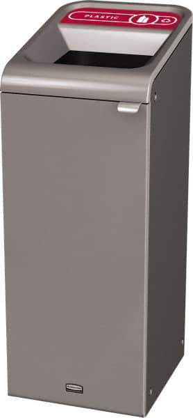 Rubbermaid - 15 Gal Gray Rectangle Decorative Indoor Single Stream Waste Receptacle - Metal, Plastic Graphic, 37.965" High x 14.784" Long x 19-1/2" Wide, Lid Included - USA Tool & Supply