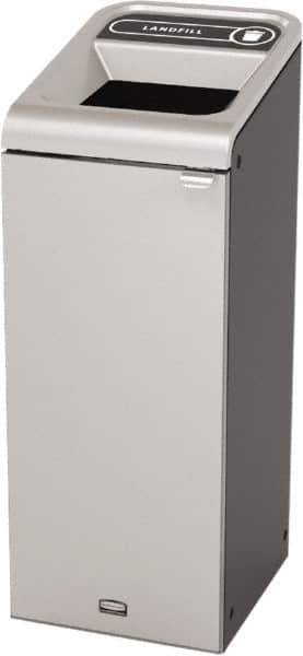 Rubbermaid - 15 Gal Gray Rectangle Decorative Indoor Single Stream Waste Receptacle - Metal, Landfill Graphic, 37.965" High x 14.784" Long x 19-1/2" Wide, Lid Included - USA Tool & Supply