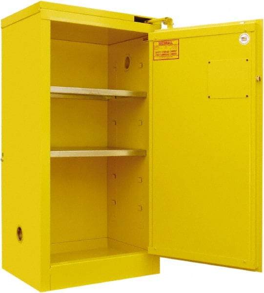 Securall Cabinets - 2 Door, 2 Shelf, Yellow Steel Standard Safety Cabinet for Flammable and Combustible Liquids - 46" High x 24" Wide x 18" Deep, Self Closing Door, 3 Point Key Lock, 20 Gal Capacity - USA Tool & Supply