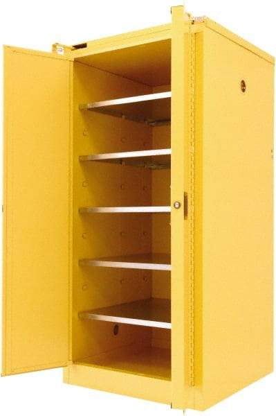 Securall Cabinets - 2 Door, 5 Shelf, Yellow Steel Standard Safety Cabinet for Flammable and Combustible Liquids - 67" High x 31" Wide x 31" Deep, Self Closing Door, 3 Point Key Lock, 120 Gal Capacity - USA Tool & Supply