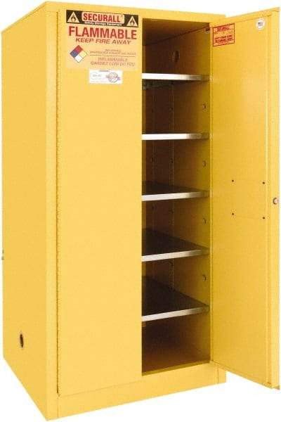 Securall Cabinets - 2 Door, 5 Shelf, Yellow Steel Standard Safety Cabinet for Flammable and Combustible Liquids - 65" High x 31" Wide x 31" Deep, Manual Closing Door, 3 Point Key Lock, 120 Gal Capacity - USA Tool & Supply