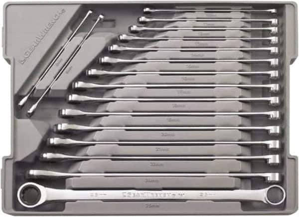 GearWrench - 17 Piece, 8mm to 25mm, 12 Point Combination Wrench Set - Metric Measurement Standard, Chrome Finish, Comes in Plastic Tray - USA Tool & Supply