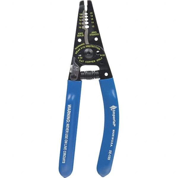 Imperial - 10 AWG to 20 AWG Solid, 22 AWG Stranded Capacity Wire Stripper/Cutter - 7-1/4" OAL, Hardened Steel with Cushion Grip Handle - USA Tool & Supply