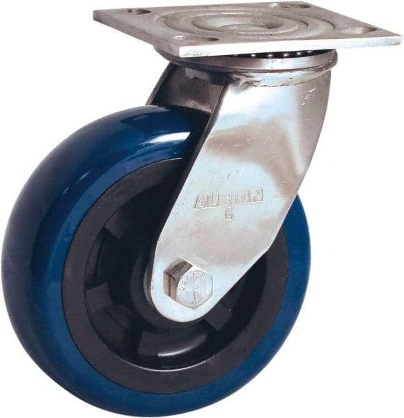 Albion - 5" Diam x 2" Wide x 6-1/2" OAH Top Plate Mount Swivel Caster - Polyurethane Mold on Polypropylene, 600 Lb Capacity, Delrin Bearing, 4 x 4-1/2" Plate - USA Tool & Supply