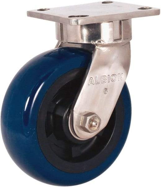 Albion - 4" Diam x 2" Wide x 5-5/8" OAH Top Plate Mount Swivel Caster - Polyurethane Mold on Polypropylene, 600 Lb Capacity, Delrin Bearing, 4 x 4-1/2" Plate - USA Tool & Supply