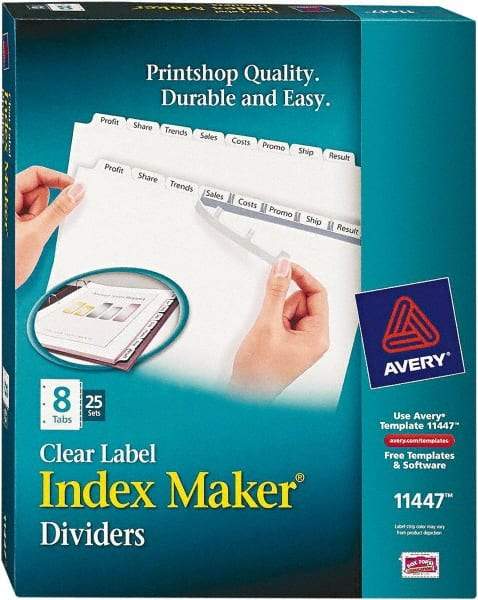 AVERY - 11 x 8-1/2" 8 Tabs, Three Hole Clear Plastic Reinforced Binder Holes, Tab Divider - Clear Tabs, White Folder - USA Tool & Supply