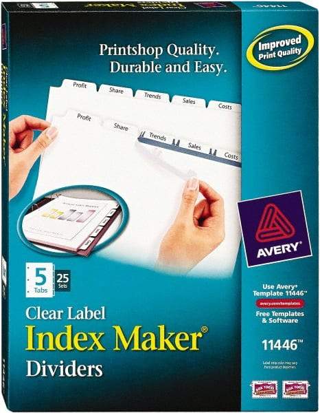 AVERY - 11 x 8-1/2" 5 Tabs, Three Hole Clear Plastic Reinforced Binder Holes, Tab Divider - Clear Tabs, White Folder - USA Tool & Supply