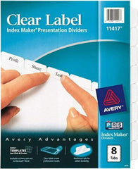 AVERY - 11 x 8-1/2" 8 Tabs, Three Hole Clear Plastic Reinforced Binder Holes, Tab Divider - Clear Tabs, White Folder - USA Tool & Supply