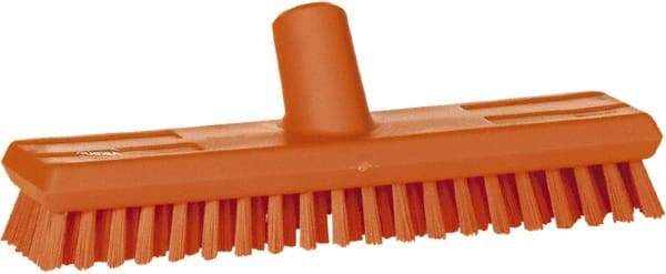 Vikan - 1" Bristle Length, Polyester Scrub Brush - 10-5/8" Long x 2-1/2" Wide Head, 11" OAL, European Threaded Handle, Orange, Polypropylene Block - USA Tool & Supply