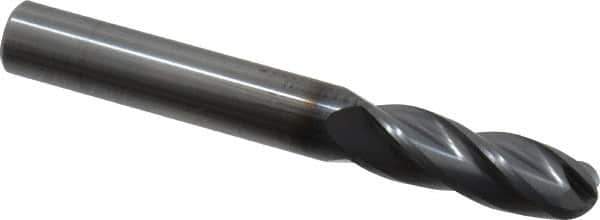 OSG - 3/8" Diam, 1-1/8" LOC, 4 Flute Solid Carbide Ball End Mill - TiCN Finish, Single End, 3" OAL, 3/8" Shank Diam, Spiral Flute - USA Tool & Supply