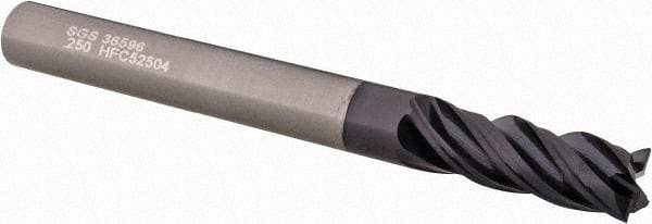 SGS - 1/4", 3/4" LOC, 1/4" Shank Diam, 2-1/2" OAL, 4 Flute, Solid Carbide Square End Mill - Single End, AlTiN Finish, Spiral Flute, Variable° Helix, Centercutting, Right Hand Cut, Right Hand Flute, Series Z1 - USA Tool & Supply