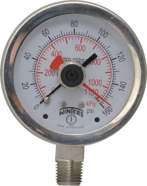 Winters - 2-1/2" Dial, 1/4 Thread, 0-160 Scale Range, Pressure Gauge - Lower Connection Mount, Accurate to 1% of Scale - USA Tool & Supply