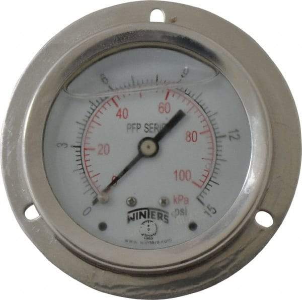 Winters - 2-1/2" Dial, 1/4 Thread, 0-15 Scale Range, Pressure Gauge - Front Flange Panel Mount, Center Back Connection Mount, Accurate to 1.6% of Scale - USA Tool & Supply