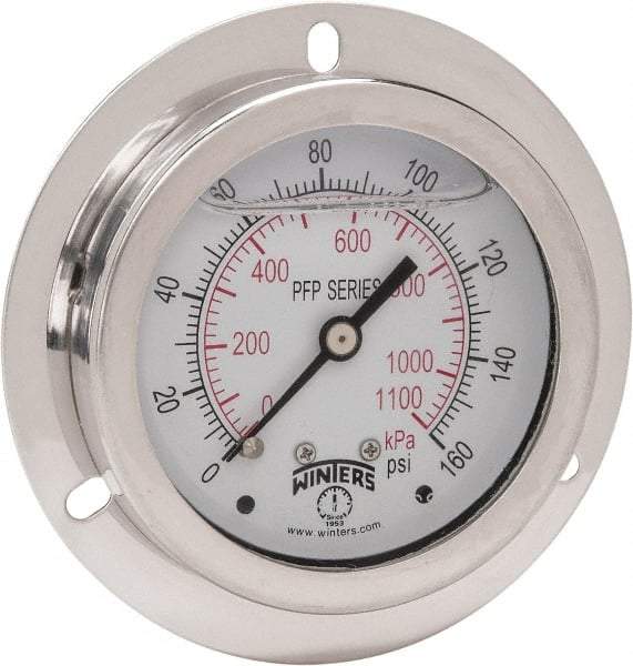 Winters - 2-1/2" Dial, 1/4 Thread, 0-160 Scale Range, Pressure Gauge - Front Flange Panel Mount, Center Back Connection Mount, Accurate to 1.6% of Scale - USA Tool & Supply