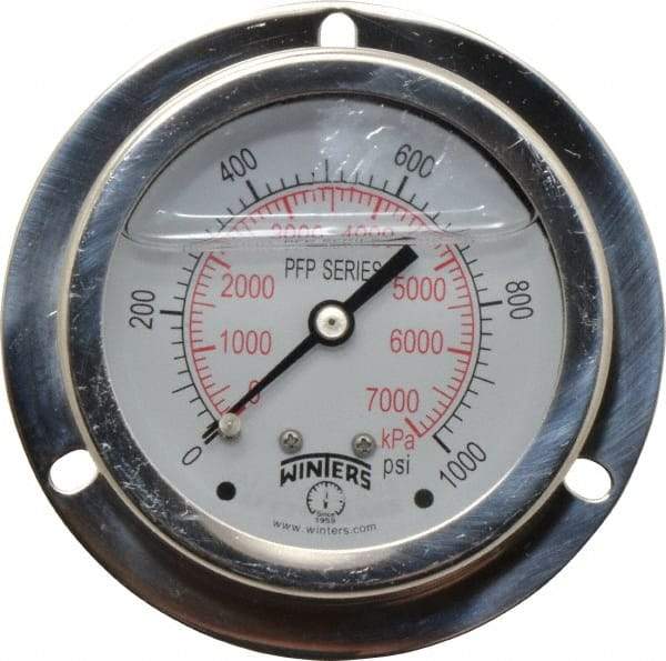 Winters - 2-1/2" Dial, 1/4 Thread, 0-1,000 Scale Range, Pressure Gauge - Front Flange Panel Mount, Center Back Connection Mount, Accurate to 1.6% of Scale - USA Tool & Supply