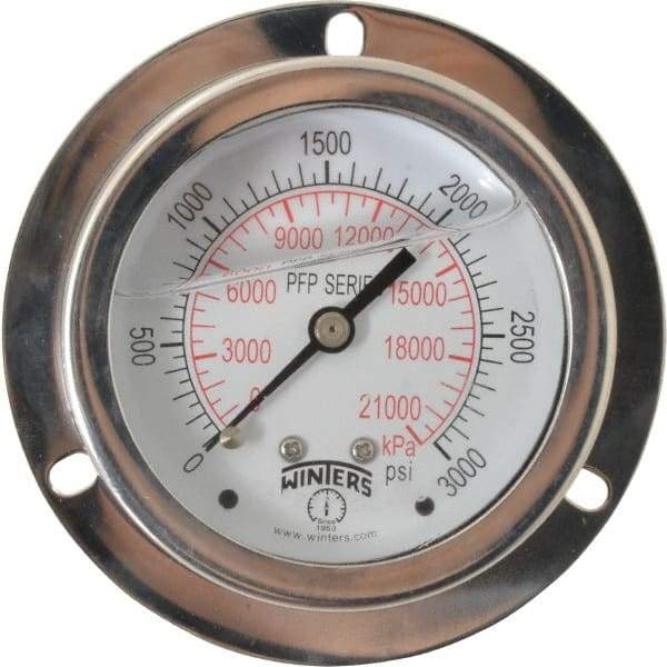 Winters - 2-1/2" Dial, 1/4 Thread, 0-3,000 Scale Range, Pressure Gauge - Front Flange Panel Mount, Center Back Connection Mount, Accurate to 1.6% of Scale - USA Tool & Supply