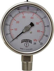 Winters - 4" Dial, 1/2 Thread, 0-100 Scale Range, Pressure Gauge - Lower Connection Mount, Accurate to 1% of Scale - USA Tool & Supply