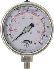 Winters - 4" Dial, 1/4 Thread, 0-100 Scale Range, Pressure Gauge - Lower Connection Mount, Accurate to 1% of Scale - USA Tool & Supply