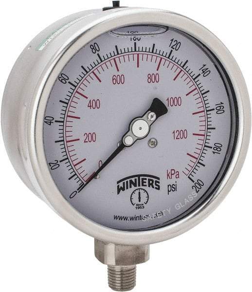 Winters - 4" Dial, 1/4 Thread, 0-200 Scale Range, Pressure Gauge - Lower Connection Mount, Accurate to 1% of Scale - USA Tool & Supply