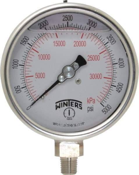 Winters - 4" Dial, 1/4 Thread, 0-5,000 Scale Range, Pressure Gauge - Lower Connection Mount, Accurate to 1% of Scale - USA Tool & Supply