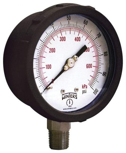 Winters - 4" Dial, 1/4 Thread, 30-0-100 Scale Range, Pressure Gauge - Lower Connection Mount, Accurate to 1% of Scale - USA Tool & Supply
