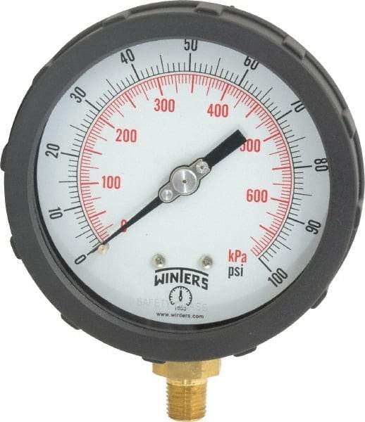 Winters - 4" Dial, 1/4 Thread, 0-100 Scale Range, Pressure Gauge - Lower Connection Mount, Accurate to 1% of Scale - USA Tool & Supply