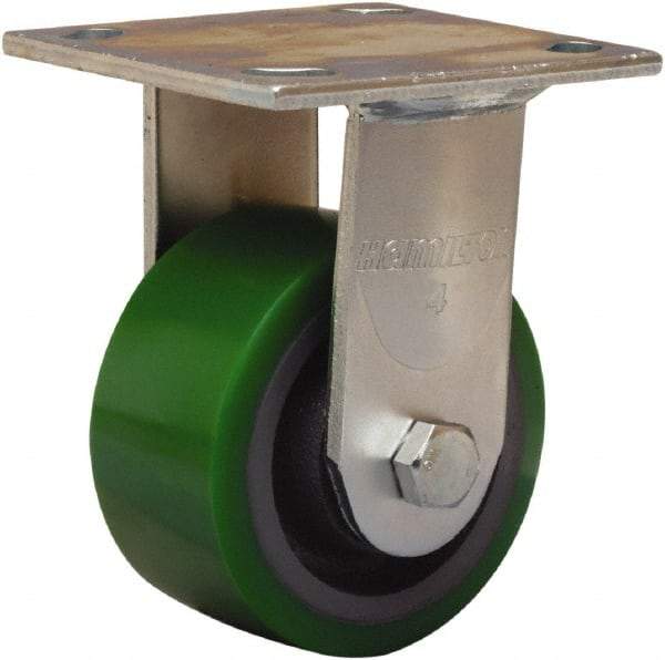 Hamilton - 4" Diam x 2" Wide x 5-5/8" OAH Top Plate Mount Rigid Caster - Polyurethane Mold onto Cast Iron Center, 750 Lb Capacity, Sealed Precision Ball Bearing, 4 x 4-1/2" Plate - USA Tool & Supply