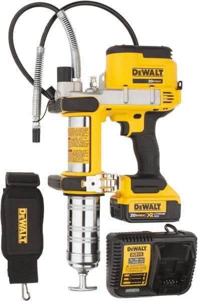 DeWALT - 10,000 Max psi, Flexible Battery-Operated Grease Gun - 16 oz Capacity, Bulk & Cartridge Fill, Includes DCB204 Battery, Fast Charger, Shoulder Strap & Kit Box - USA Tool & Supply